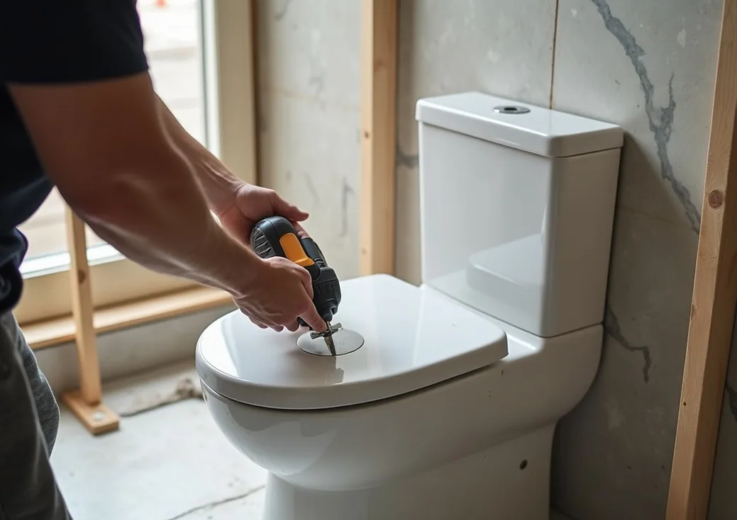 Close-up of hands installing smart marble toilet with precision tools in half-finished luxury bathroom