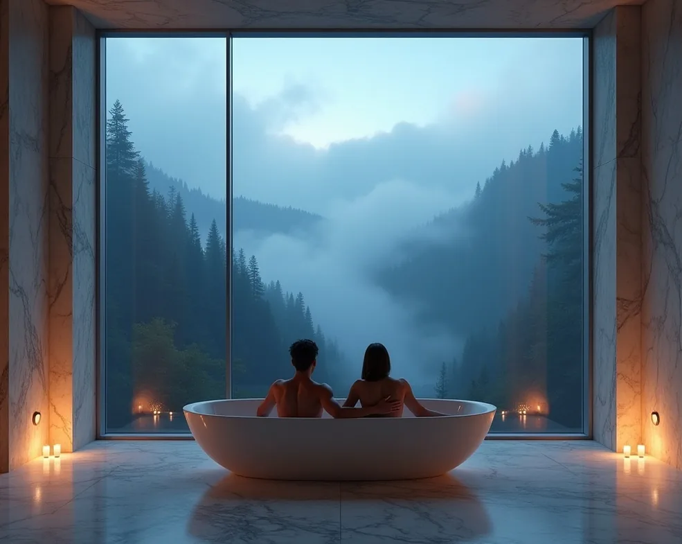 Couple relaxing in vast marble bathroom with floor to ceiling windows overlooking misty mountain
