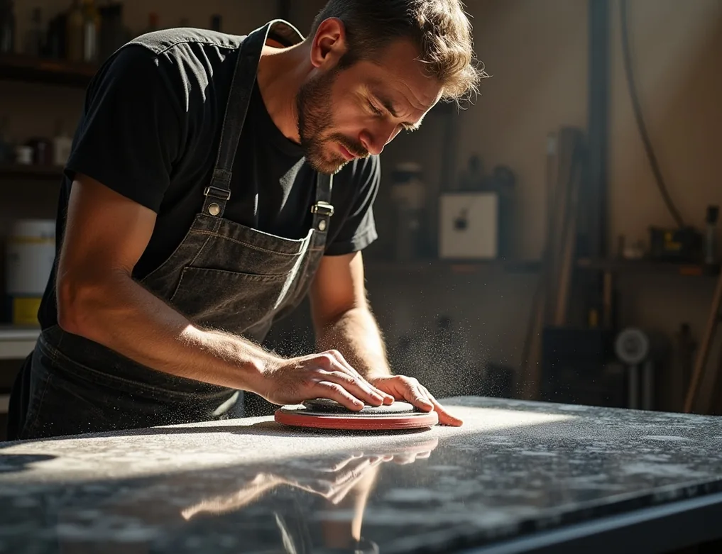 Craftsman in workshop apron polishing a slab of black Nero Marquina marble by hand under bright daylight