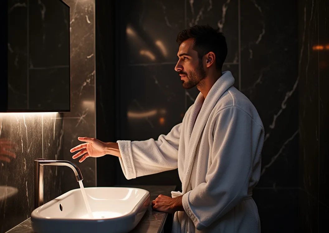 Man in plush robe touching glowing digital smart faucet display with evening ambient lighting