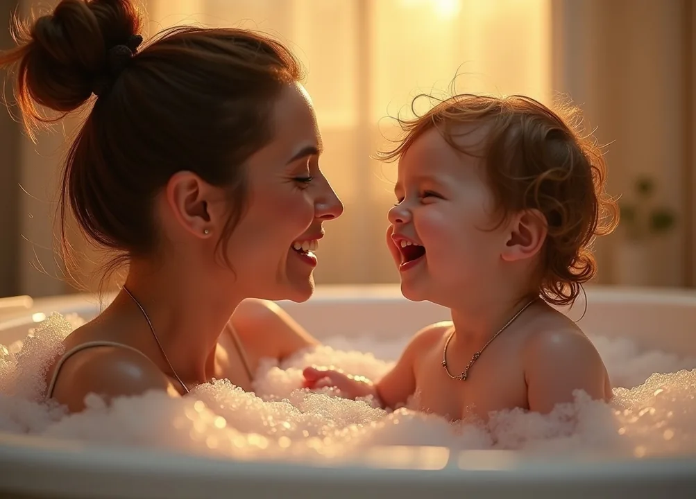 Mother and young child laughing together during bath time in warm marble bathroom with soft bubbles