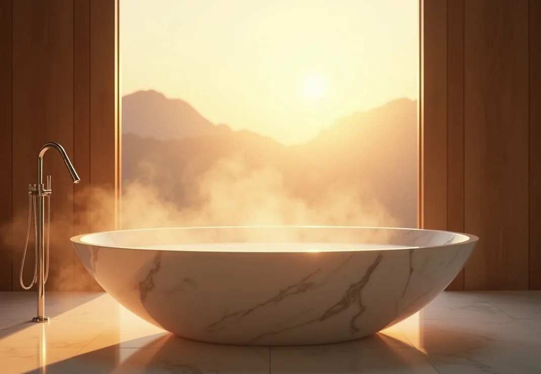 Serene luxury marble bathroom at dawn with soft golden sunlight streaming through large window