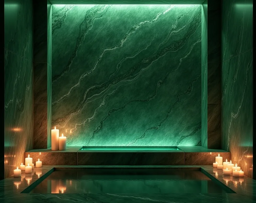 Elegant green Verde Alpi marble wall glowing with hidden LED light at night with candles flickering