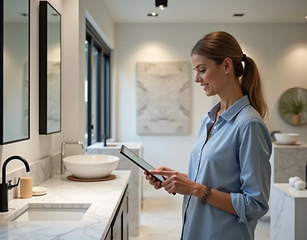 Interior designer reviewing marble samples and holding tablet inside modern showroom