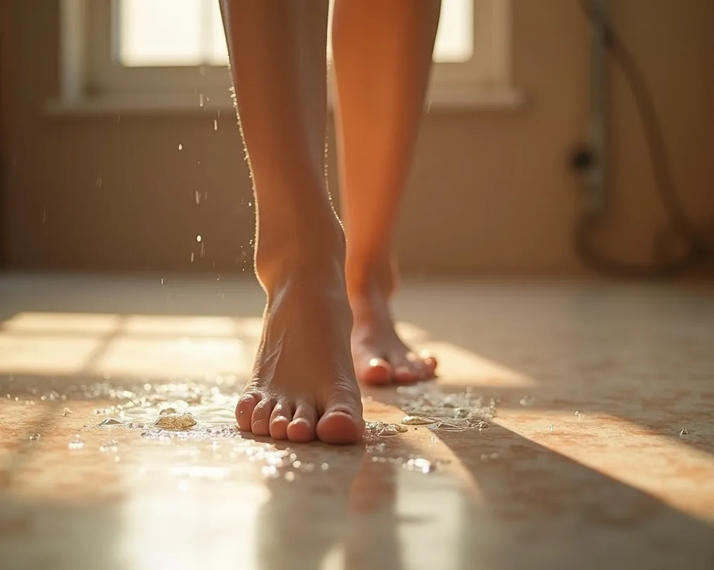 Close-up of bare feet stepping onto warm marble heated floor in soft morning light with water droplets