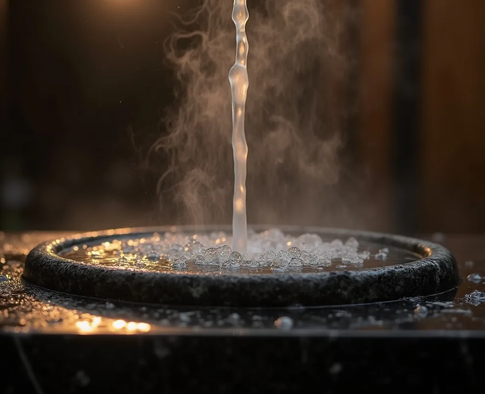 Warm water flowing over heated black marble washbasin with rising wisps of steam