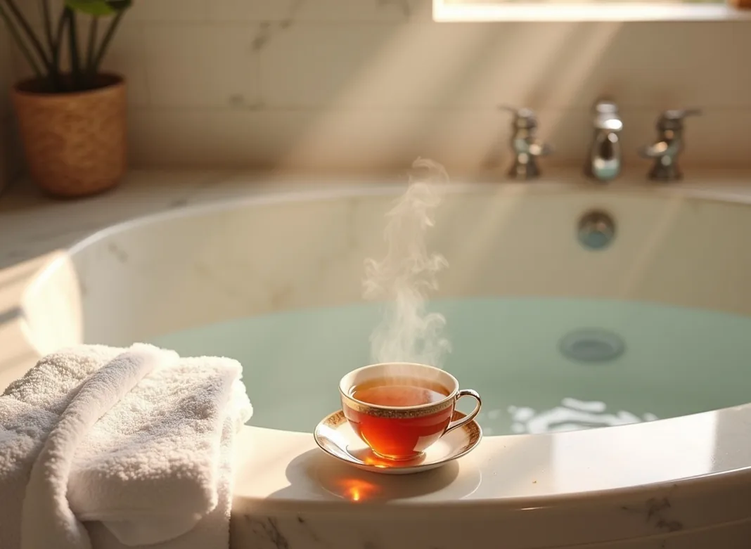 Steaming cup of tea on the edge of a heated marble bathtub beside a folded towel