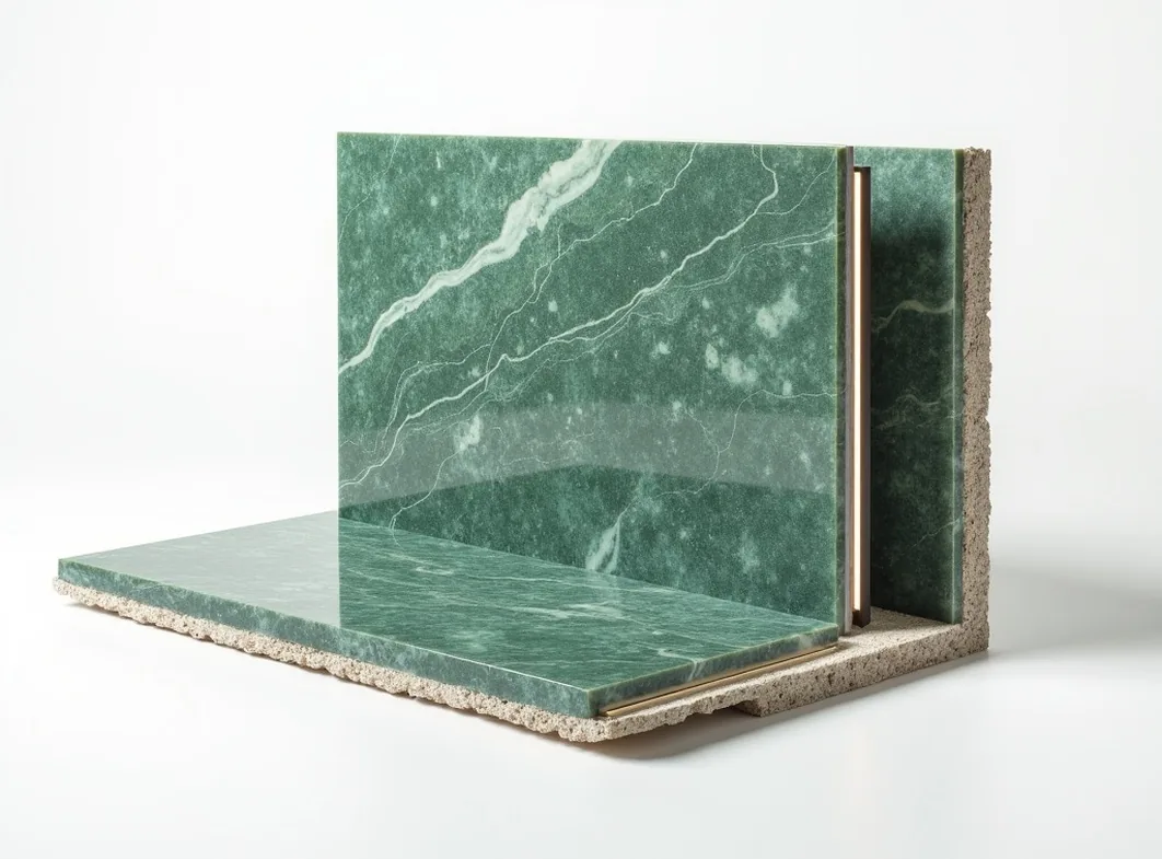 Cross-section view of green Verde Alpi marble wall panel revealing inner radiant heating layer