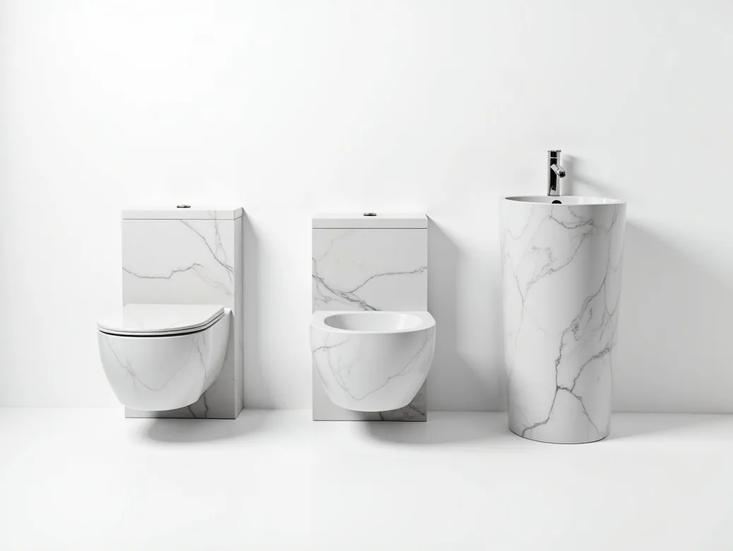 Coordinated marble bathroom suite collection arranged together including smart toilet