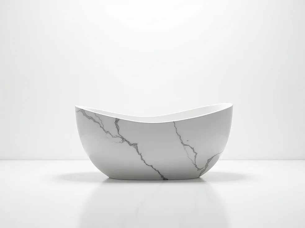 Solid Carrara marble freestanding bathtub with smooth flowing curves and soft finish