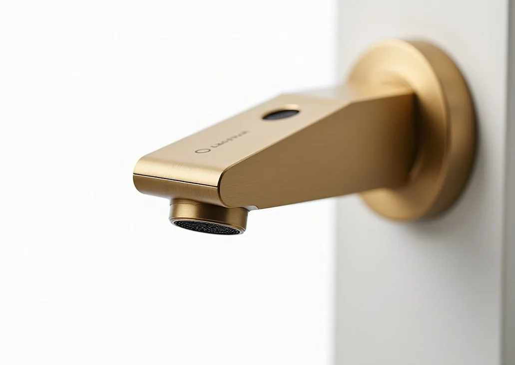 Macro close-up of matte brass smart thermostatic mixer faucet with small digital control dial