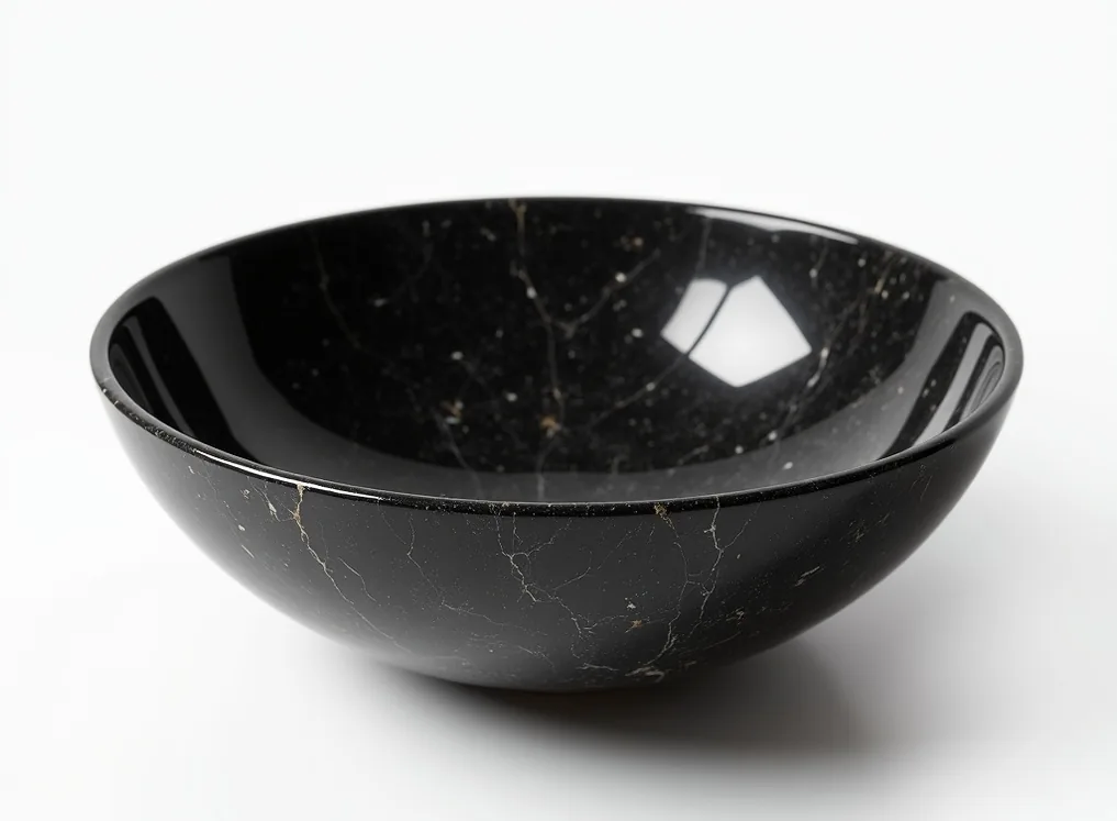 Three quarter angle hero shot of deep black Nero Marquina marble washbasin bowl with glossy polish
